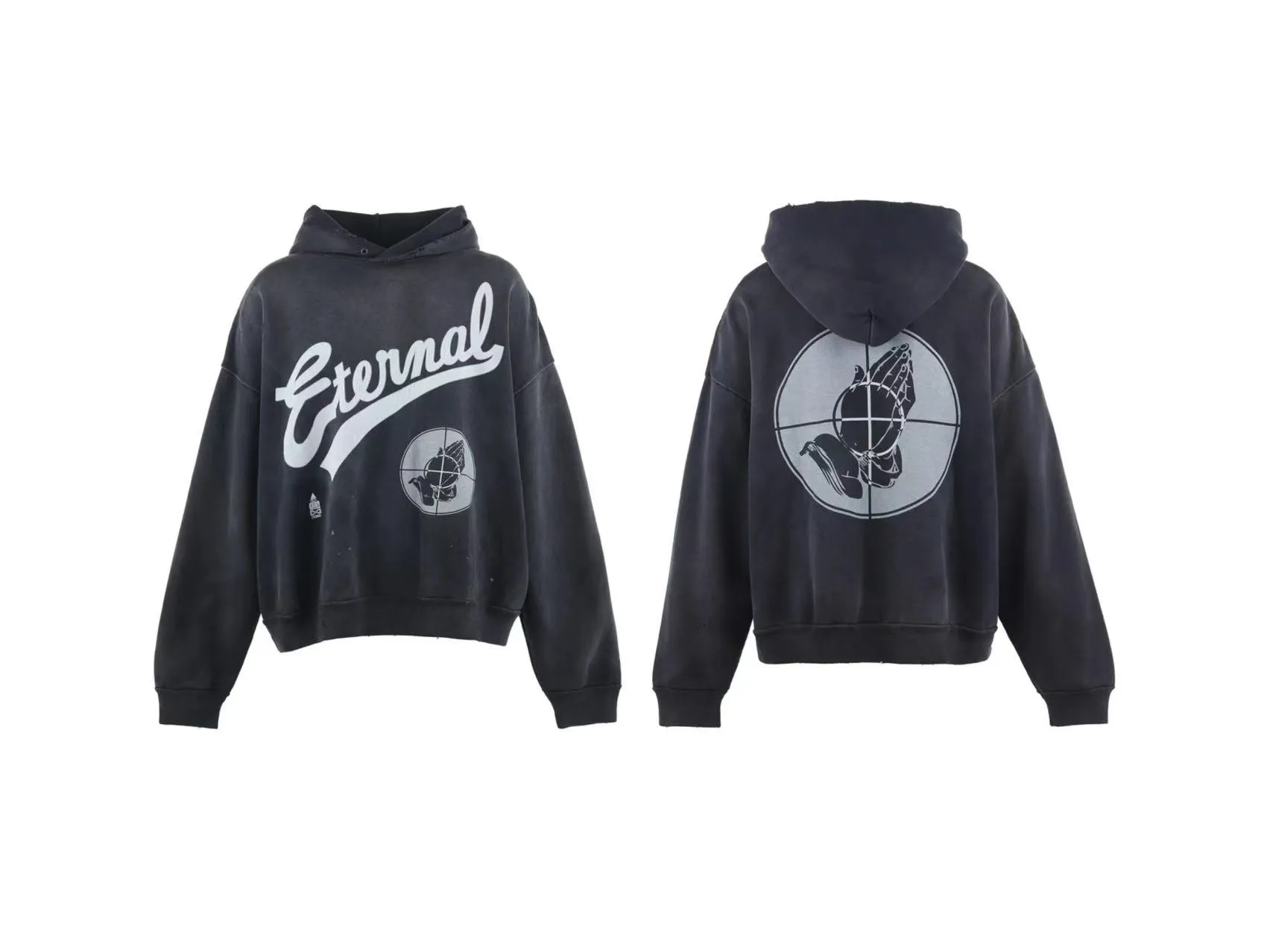 In stock ST1026 washed black P268 Saint Mxxxxxx + Fear of God 25SS Hoodie joint prayer crosshair distressed hoodie sweatshirt size S-M-L-XL
